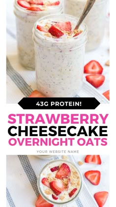 overnight oats Overnight Oats High Protein, Strawberry Cheesecake Overnight Oats, Cheesecake Overnight Oats, Overnight Oats Recipe Easy, Over Night Oats, Night Oats, Protein Overnight Oats