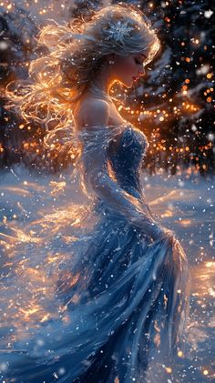 a woman in a blue dress standing in the snow with fire coming out of her hair