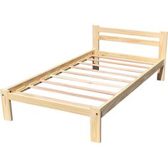 a wooden bed frame with no headboard and foot board is shown in front of a white background