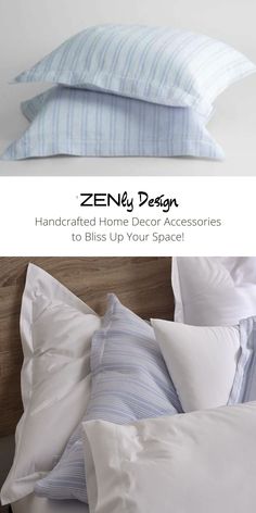 two pillows on top of each other with the words zero design written above them in white and blue