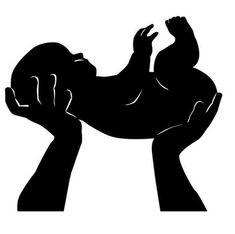 the silhouette of two hands holding a baby in it's arms, with one hand reaching