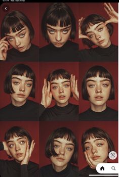 multiple images of a woman with different facial expressions and hands on her face, looking at the camera