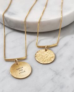 Celebrate your unique journey with our Signature Hammered Coin Necklace, crafted for those who live with intention. The 3/4'' hammered coin is attached to a distinctive curved bar, creating a look that's both intentional and elegant. Engrave a phrase that inspires and supports you through every step of your growth and healing. This hand-hammered charm is a daily reminder to honor your true self, embracing both your strengths and imperfections. Made with premium 14k gold-filled or .925 sterling s Empathy Cards, Live With Intention, Growth And Healing, Hammered Jewelry, Branding Inspo, Word Bracelet, Curved Bar, Friendship Jewelry, True Self