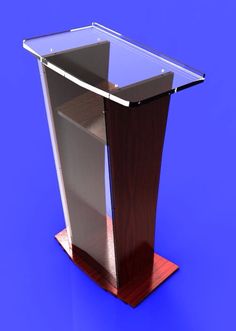 a wooden podium with a glass top on a blue background