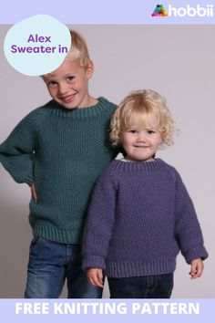 two children wearing sweaters with text overlay that reads, free knitting pattern alex sweater in