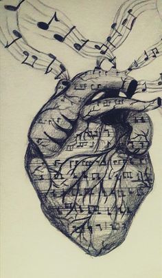 a drawing of a human heart with musical notes coming out of it