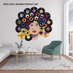 a living room with a large vinyl wall decal featuring a woman's hair