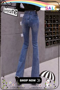 Slim Fit Denim Blue Zippered Button Bell Bottomed Trousers Spring Retro High Waist Non-stretch Jeans, Blue Mid-rise Flare Jeans With Button Zip Fly, Non-stretch Mid-rise Denim Blue Flare Jeans, Trendy Buttoned Denim Bottoms, Non-stretch Denim Jeans With Buttons, Trendy Denim Blue Flare Jeans With Buttons, Slim Blue Pants For Spring, Spring Denim Blue Bottoms With Button Closure, Trendy Denim Bottoms With Buttons