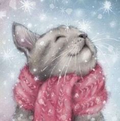 a painting of a cat wearing a pink scarf and snowflakes in the background