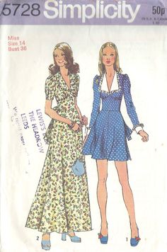 ~ Circa/Date:  1971 ~ Details:   Two style variation DRESS  ~ Size/Measurements (Inches):     ~ Size: 14     ~ BUST: 36″     ~ Waist: 28″      ~ Hip: 38″ ~ Please Note: ~ You are buying a 'Professional Reproduced' copy of this sewing pattern. Copied from the original sewing pattern. Produced in Full Scale Pattern Pieces ready to cut with full instructions included. Reproduced on high quality 50 gm paper with black ink, durable and easier for reuse. Printed by a Professional Printing Company.   ~ With this product comes an accompanying 'Booklet' and inside the Booklet it includes: ~ A 2-page Instructions and Illustrations on 'How to Adjust Your pattern to your Personal Measurement.' ~ Personal Measurement Chart ~ Body Form Illustrations ~ Fitting Checklist ~ Metric Equivalency Chart ~ Note 70 Dress Pattern, Retro Dress 70s Pattern, Vintage Women's Sewing Patterns, 70s Mode, 70s Sewing Patterns, Vintage Vogue Sewing Patterns, Patron Vintage, Simplicity Dress, Vintage Dress Patterns