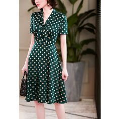 Olivia Mark - Stylish Polka Dot Dress with Elegant Mandarin Collar Greenery Cafe, Moody Flowers, Terry Cloth Dress, Collared Greens, Gathered Sleeves, Home Dress, Skirt Type, Types Of Skirts, Waist Dress