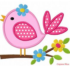 a pink bird sitting on top of a tree branch with flowers in it's beak