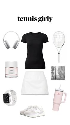 a woman's tennis outfit is shown with headphones, shoes and other items