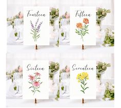 four cards with watercolor flowers on them and the names of each card are shown