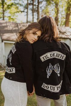 Alternative Weddings, Spooky Wedding, Motorcycle Wedding, Biker Wedding, Dark Wedding Theme, Bride Jacket, Custom Denim Jacket, Counting Stars, Dark Wedding