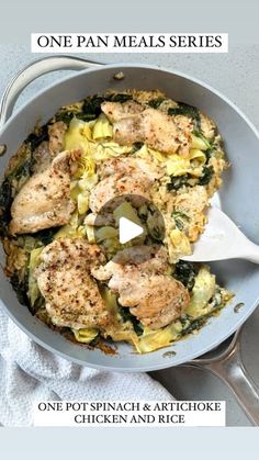 one pan meals series with chicken, spinach and artichoke in a skillet