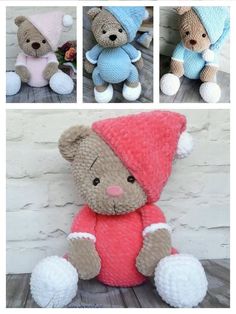 there are four pictures of teddy bears with hats on and one is wearing a sweater