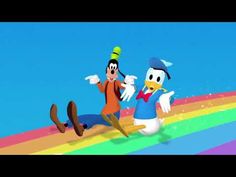 two cartoon characters running across a rainbow colored field