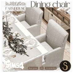 the dining chair is set with plates and silverware on it, along with pine cones