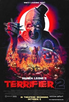 a movie poster for the film terrier 2, featuring an evil clown with his mouth open