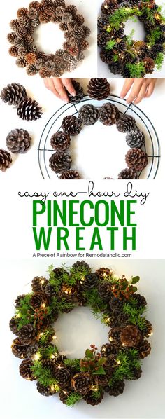 pinecone wreath with lights on it and instructions to make the wreath for christmas