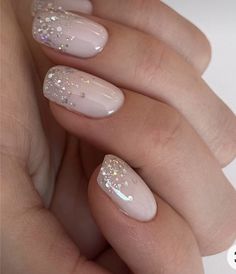 Neutral Sparkle Nails Acrylic, French Nails Acrylic Sparkle, Valentines Day Neutral Nails, Neutral With Glitter Nails, Neutral Pink Glitter Nails, Minimalistic Glitter Nails, Gel Nails Glitter Tips, Neutral Nails With Silver Glitter, Neutral Gel Nails With Glitter