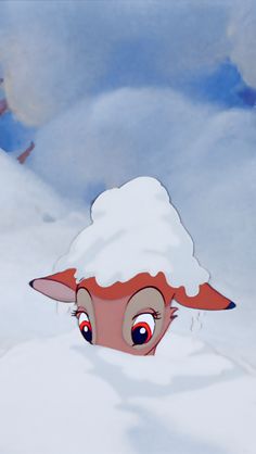 a cartoon character is peeking out from behind a pile of snow with red eyes and an orange hat