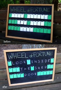 a chalkboard sign that says wheel of fortune looks inside the shed door and what's in it?