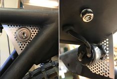 two pictures of the handlebars on a bike, one showing the front brake and the rear wheel