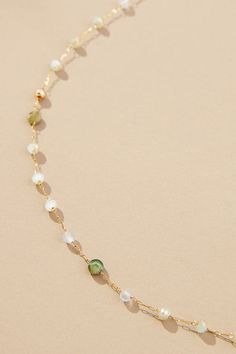 14k gold-plated brass, stone, plastic pearl Lobster clasp Imported | Mixed Bead Dainty Necklace by Anthropologie in Green, Women's, Plastic/Gold/Plated Brass Necklaces With Beads, Pearl Beaded Necklace, Green Fits, Jewelry Beaded, Green Necklace, Christmas 2024, Jewelry Inspo, Dainty Necklace, Christmas Wishlist