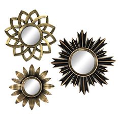 three decorative mirrors are shown in gold and silver colors, each with a sunburst design