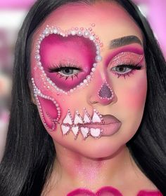 Pink Catrina Makeup, Pink Skull Makeup Halloween, Catrina Pink Dresses, Skull Makeup Colorful, Sugar Skull Makeup Tutorial, La Catrina Makeup Tutorial, Halloween Makeup Kits, Exotic Makeup