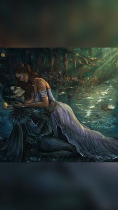 a painting of a mermaid hugging a man