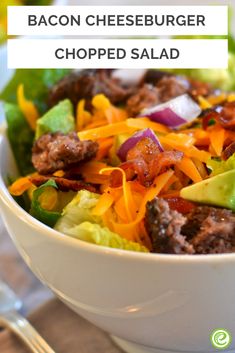 bacon cheeseburger chopped salad in a white bowl