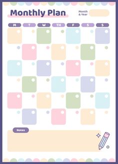 the month planner is shown in pastel colors with dots on it and a pencil