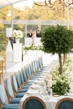 a long table with blue chairs and white flowers