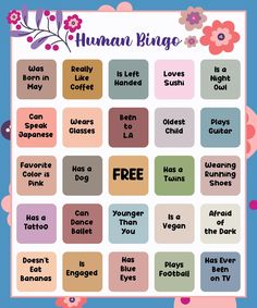 the free printable human bingo game is shown in pink, blue and green colors