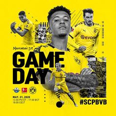 a poster for the game day event with players in yellow and black on a yellow background