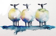 three sheep are standing in front of a tree