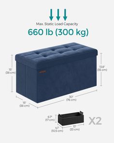 an image of a blue storage bench with measurements for the seat and footrests