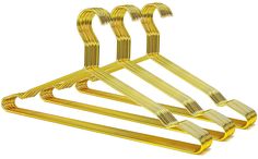 three pairs of gold metal clothes hangers