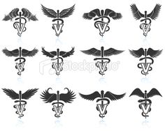 medical symbols and wings in black on white background stock photo, images and royalty illustrations