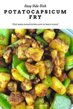 easy side dish for potato capsicum fry in a white bowl with text overlay