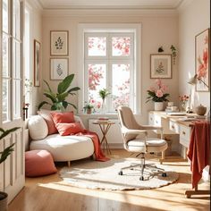 a living room filled with furniture and lots of plants in the window sills