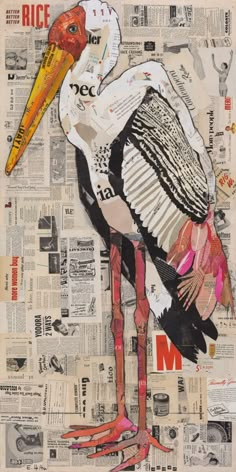 a collage of newspaper paper with a bird on it's head and legs