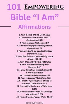 101 Bible “I Am” Affirmations To Declare Over Your Life – Book-Quotes.com Daily Bible Affirmations For Women, Biblical Declarations For Women, Biblical Words Of Affirmation, Biblical Affirmations Scriptures For Women, Self Affirmations For Christians, I Am Bible Affirmations, Scripture For Confidence, Scripture Affirmations For Women, Christian Bible Affirmations