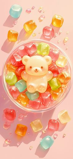 a bowl filled with gummy bears sitting on top of a pink surface next to jelly hearts