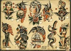 an old fashioned tattoo design with many different designs