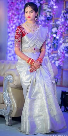 Pattu Sarry Blouse Designs, Silver Pattu Saree Blouse Designs, Blouse For Silver Saree, Silver Saree Wedding, Silver Work Blouse Designs For Pattu Sarees, Silver Half Saree, Silver Saree Blouse Design, Pattu Lehanga Designs Latest, Latest Pattu Saree Designs