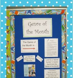 a blue bulletin board with white polka dots and the words george of the month on it